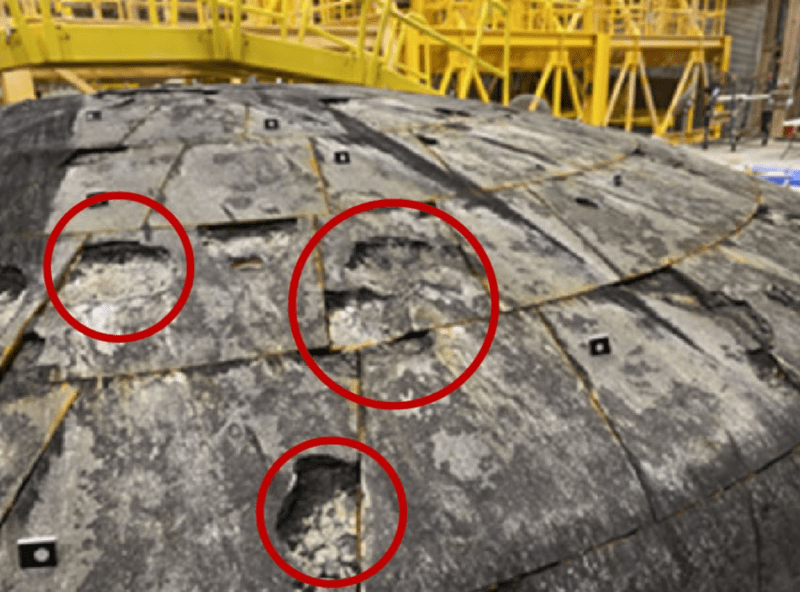 Heat shield damage from the Artemis 1 reentry. :Credit: NASA.