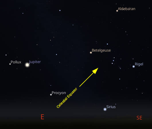 Looking towards the east southeast from latitude 45° N at 8 PM January 8, 2026. Procyon is higher in the sky than Sirius, having risen 36 minutes earlier than the Dog Star.
