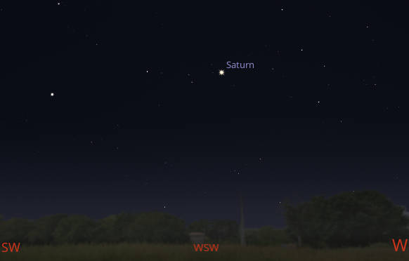 Saturn appears lonely in the west- southwestern sky at 8 PM.