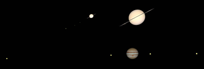 Telescopic Saturn, and Jupiter (north up) as they would be seen in a small telescope with the same magnification at 8 PM tonigh