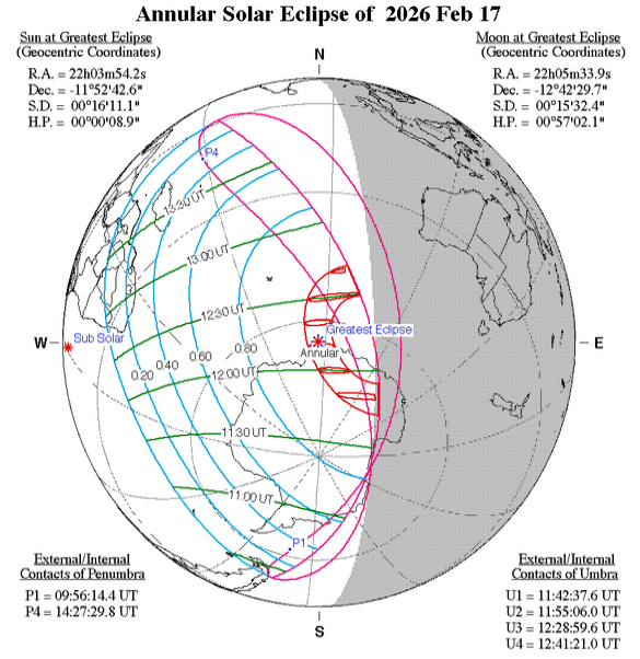 An adaption of the NASA eclipse map for the annular solar eclipse of February 17th 2026. The path of angularity is almost completely on Antarctica and a bit of the Southern Ocean.