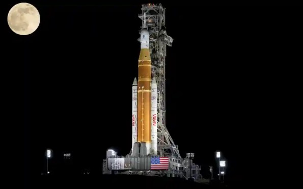 The Space Launch System (SLS) Block 1 rocket for the Artemis 2 mission out on the launch pad.