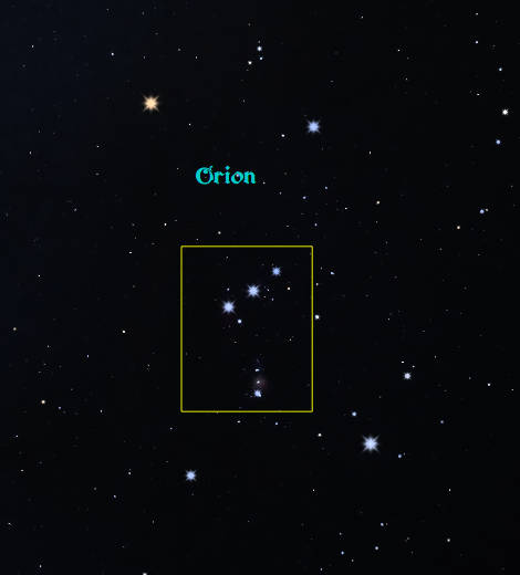 The body of Orion much as we see it, in the south, at 9 PM in the first half of February. The image below expands and enhances the inset. 
