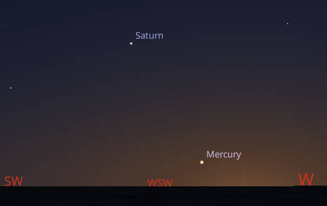 Saturn appears with Mercury in the west-southwestern sky at 7 PM tonight.