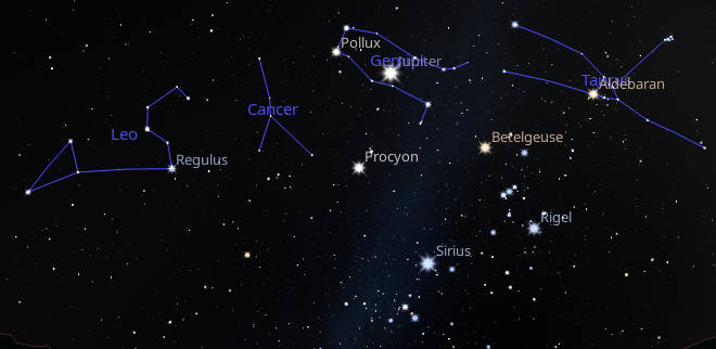 Jupiter is seen with the bright winter stars in the south at 9:00 PM tonight.