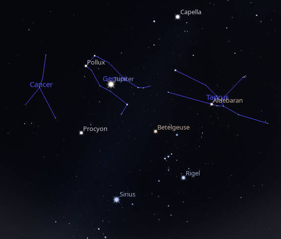 Jupiter is seen with the bright winter stars in the south at 9:00 PM