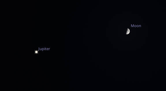 The Moon and Jupiter as they should appear tonight at 9 PM.
