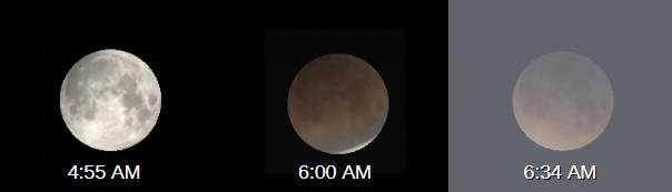 Three views of the total lunar eclipse of March 3, 2026.