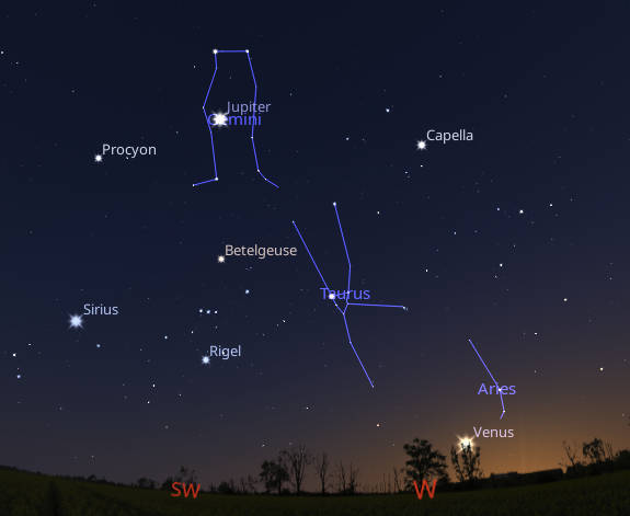 Jupiter and Venus with the constellations of the Zodiac at 9 PM.