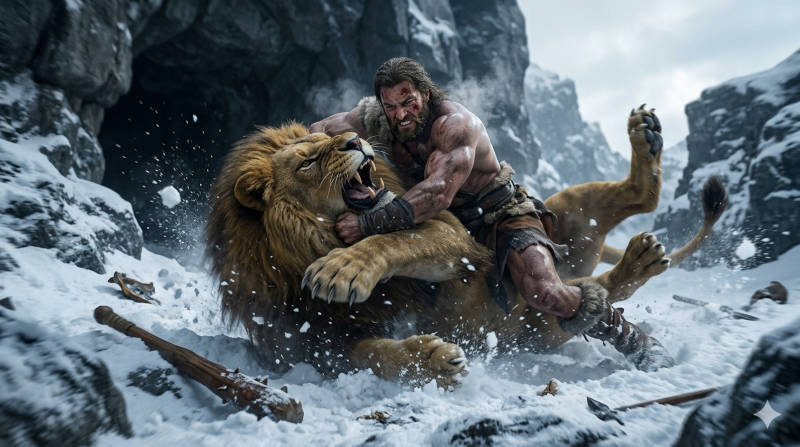 Hercules killing the Nemean Lion as the first of his Twelve Labors. An image generated by Google's AI.