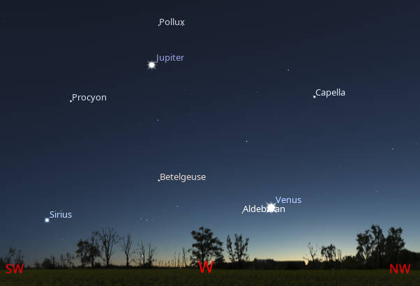 Looking west to Jupiter, and Venus with fading winter stars at 9:30 PM tonight, April 29, 2026. Jupiter and Venus are appearing to approach each other. They will be in conjunction on the evening of June 8th. 