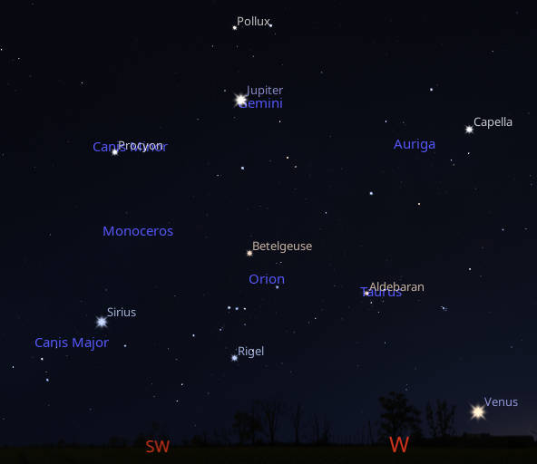 Jupiter and Venus with fading constellations of winter at 9:30 PM tonight.