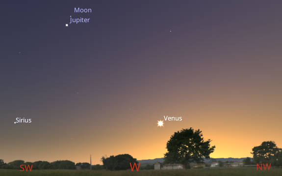 Jupiter, and Venus with the Moon and Sirius at 9 PM tonight.