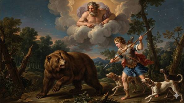 A Google Gemini AI image created from a prompt I made which encapsulated the encounter of Arcas and the bear.