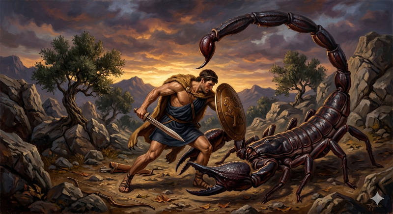 Orion's fatal clash with the giant scorpion. A Google Gemini AI image created with the prompt: "A scene about the death of Orion the hunter by the sting of a giant scorpion of Greek myth. The scene: Orion, with sword in hand, preoccupied with the scorpion's claws, not noticing the scorpion's curved tail and stinger descending on him from above."