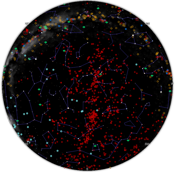 May sky dome for 11 PM May 15th, showing constellations and deep sky objects. It shows how galaxies dominate the spring sky.