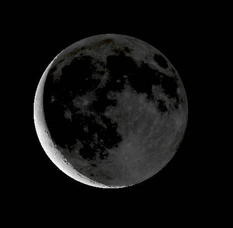 A binocular or low power view of the waning creacent Moon showing the expected earthshine on its night side.