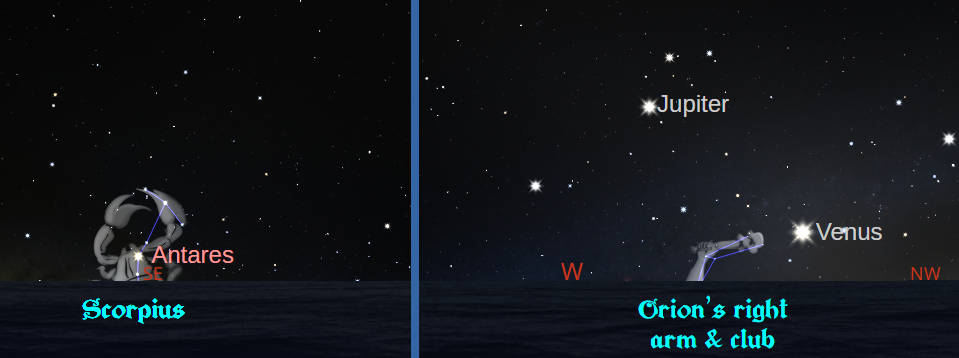 Scorpius chasing Orion out of the evening sky. Two views of the horizon at 11 PM, with Scorpius rising in the southeast, while all that's left of Orion is upraised right forearm and club setting in the west.