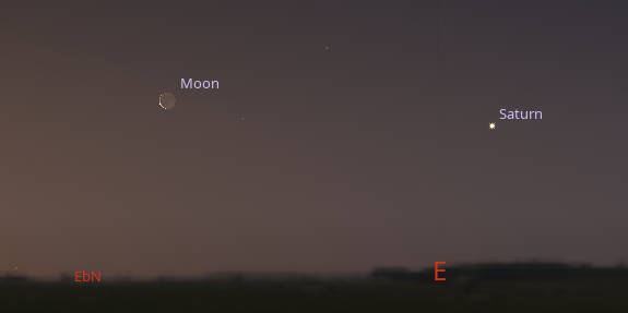 The waning crescent Moon and Saturn at 5:15 AM May 14, 2026
