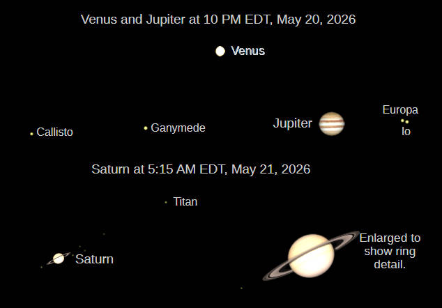 Telescopic Venus and Jupiter at 10 PM on the 20th, and Saturn at 5:15 AM on the 21st (north up), as they would be seen in a small telescope with the same magnification.