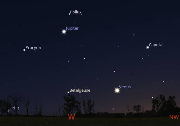 Jupiter, and Venus with fading winter stars at 10 PM tonight, May 6, 2026.