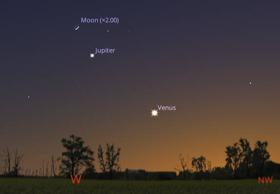 Jupiter, Venus and the Moon itself at twice actual size at 10 PM tonight, May 20, 2026. Jupiter and Venus are appearing to approach each other. They will be in conjunction on the evening of June 8th.