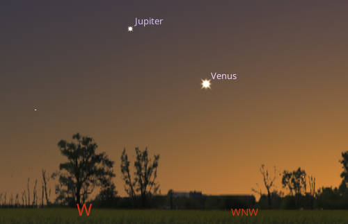 Jupiter and Venus in the western sky, at 10 PM tonight, May 27, 2026. Jupiter and Venus are appearing to approach each other. They will be in conjunction on the evening of June 8th.