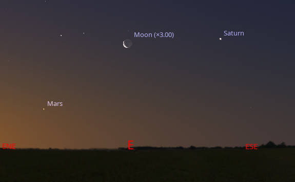 Saturn and Mars appear with the waning crescent moon between them, in the east as morning twilight grows, at 5 AM June 11, 2026. 