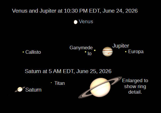 Telescopic Venus and Jupiter at 10:30 PM tonight, June 24, 2026, and Saturn at 5 AM on the 25th (north up), as they would be seen in a small telescope with the same magnification.