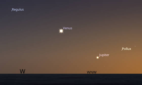 Jupiter and Venus low in the western twilight at 10:30 PM tonight, June 24, 2026. This may be about it for Jupiter in the evening sky.