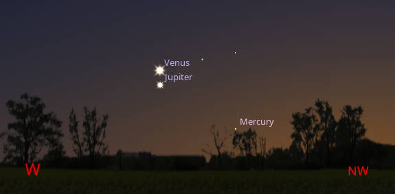 Jupiter, Venus and Mercury appearing in the wester sky's fading twilight, at 10:30 PM tonight, June 10, 2026.