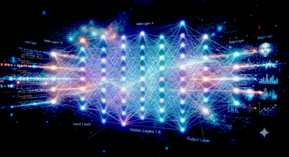 A visualization of a neural network, capturing the complex flow of information as it travels through interconnected layers and nodes to process data. Currently, neural networks are simulated by software. Hardware implimenations are currently being perfected, which could lower the power consumption of AI models.  Created by Google's Gemini AI.