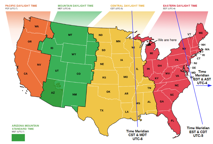 US time zone map for daylight saving time.