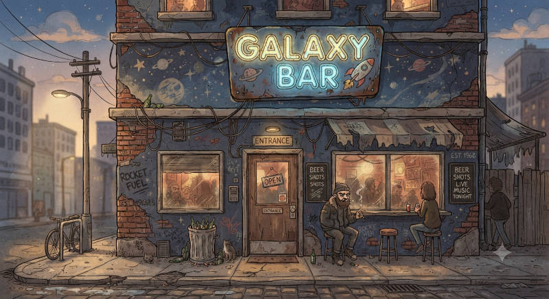 A somewhat dipalidated drinking establishment with the neon sign stating "Galaxy Bar".