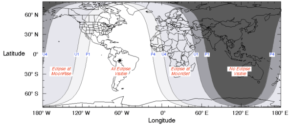 Map of where, on the earth, the eclipse is visible from. It can be seen from the Americas, Eurpope ans Africa.