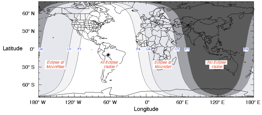 World map of lunar eclipse visibility