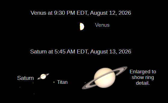 Telescopic Venus at 9:30 PM tonight, August 12, 2026, and Saturn at 5:45 AM on the 13th.