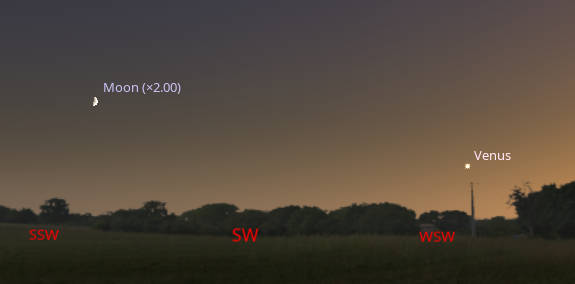 Venus and the moon in the western sky at 9:15 PM tonight, August 19, 2026.