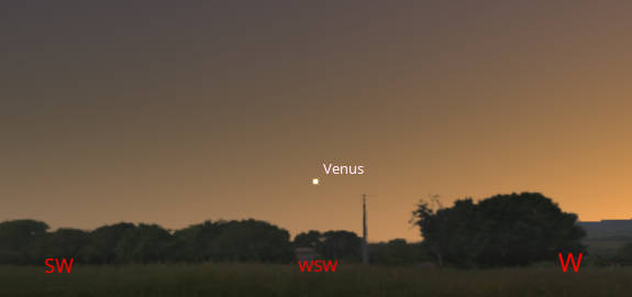 Venus  in the west southwestern sky at 9:00 PM tonight, August 26, 2026.