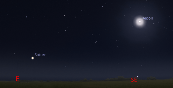 Saturn appers in the east by 9 PM, to the far left of the Moon tonight, September 23, 2026.