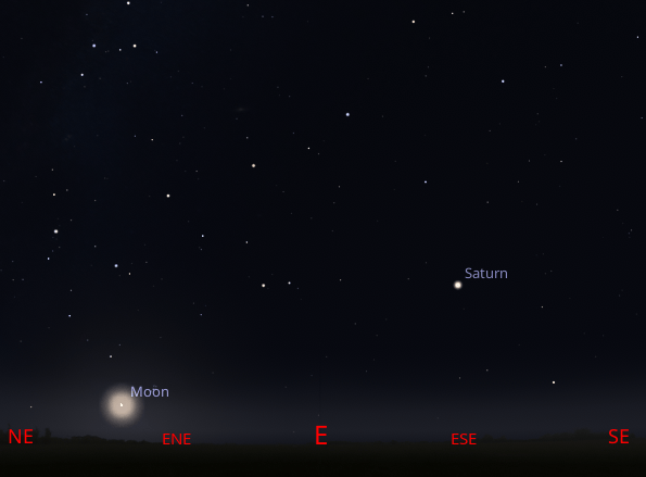 Saturn appears in the east southeast by 10 PM, to the far right of the Moon tonight.