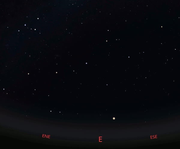 Pegasus and Andromeda are seen above Saturn, the brightest "star" low in the east at 10 PM.