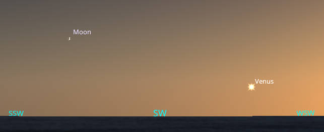 Venus appears low in the west southwestern sky, with the crescent moon in the south southwest at 8:15 PM tonight, September 16, 2026.