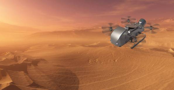 Artist's conception of Dragonfly flying over a dune field on Titan.