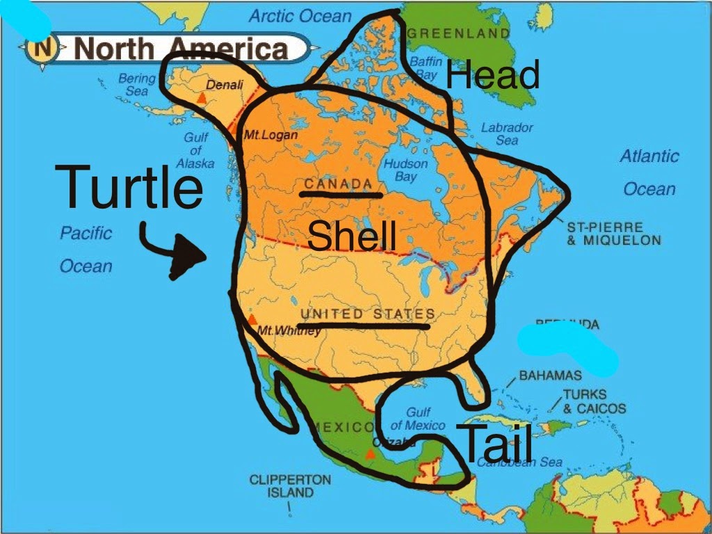 North America as Turtle Island from "Why is North America called Turtle Island" https://indianreservation.info/why-is-north-america-called-turtle-island/ 